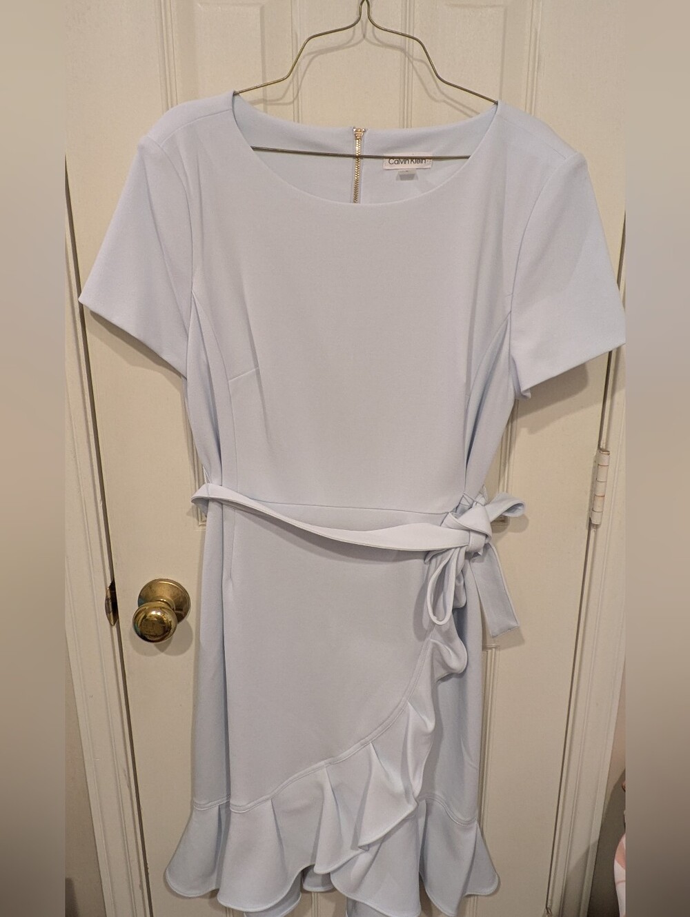 Calvin Klein Powder Blue Short-Sleeve Ruffle Wrap Dress
